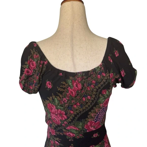 Vintage Rare Y2K Betsey Johnson Black Label Milkmaid Black Floral Roses Dress S